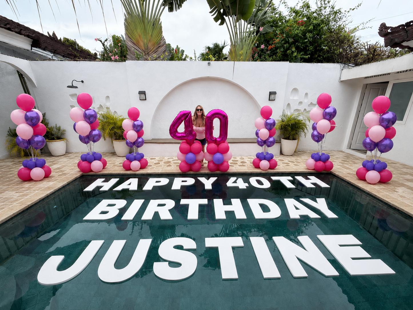 ULTIMATE FLOATING POOL DISPLAY [FLOATING MESSAGE + 6 BALLOON FOUNTAINS + GIANT NUMBER TOWER]