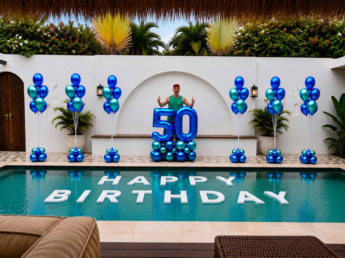ULTIMATE FLOATING POOL DISPLAY [FLOATING MESSAGE + 6 BALLOON FOUNTAINS + GIANT NUMBER TOWER]